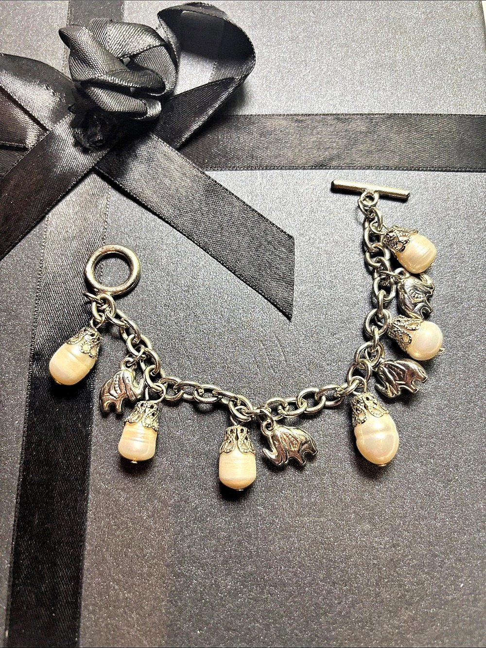 Elephant Charm Bracelet in Silver & White Faux Pearls Toggle 7”